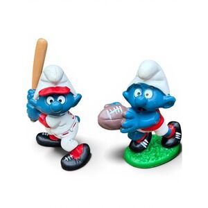 Vintage Smurf Figures Peyo PVC Plastic Blue Baseball Football Sports Toy Lot
